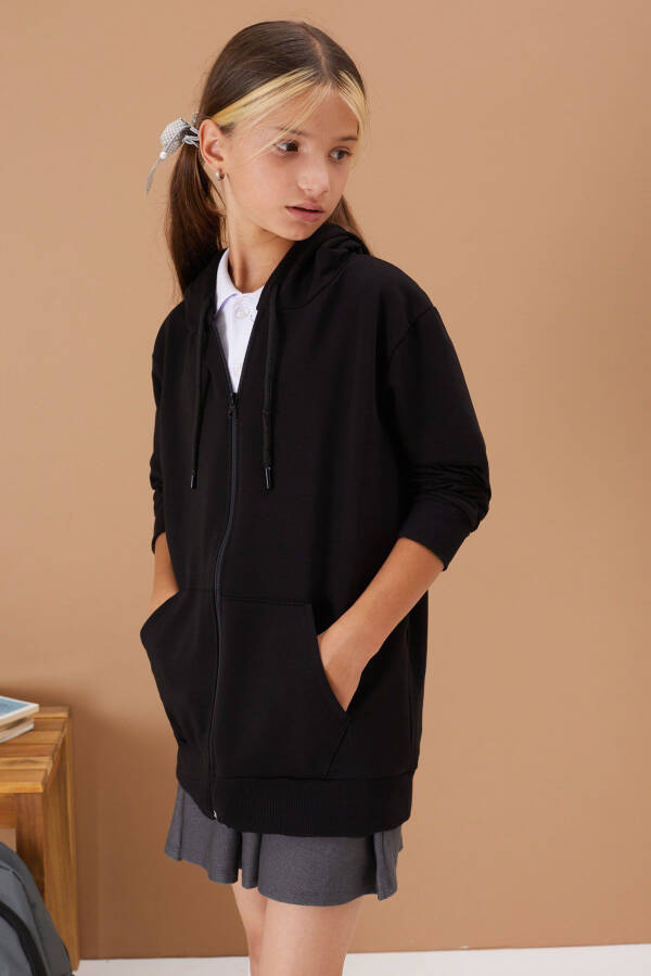 Girls' Hooded Zippered Black School Jacket 16191 - 2