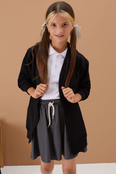 Girls' Hooded Zippered Black School Jacket 16191 - 5