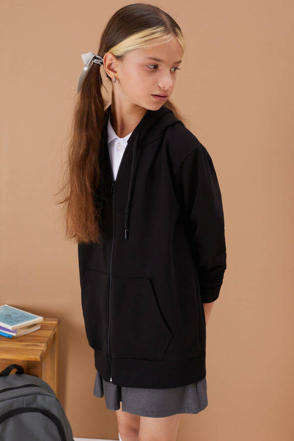 Girls' Hooded Zippered Black School Jacket 16191 - 6