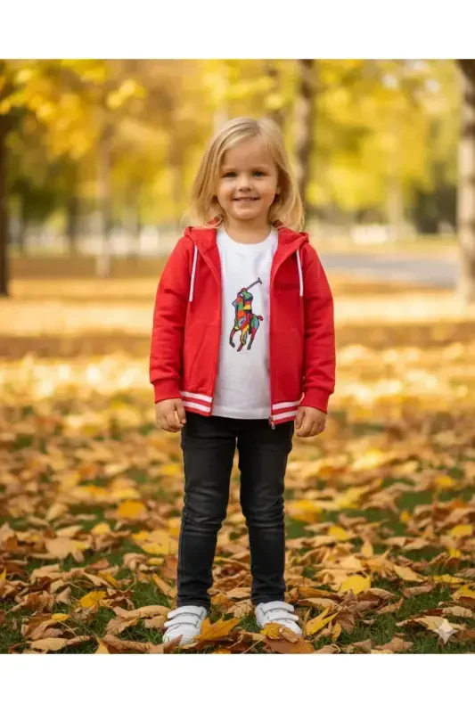 Girls' Hooded Zippered Coral Red Basic Long-Sleeved Pocket Cardigan - LİTTLE TORTOİSE