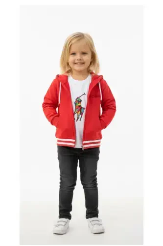 Girls' Hooded Zippered Coral Red Basic Long-Sleeved Pocket Cardigan - LİTTLE TORTOİSE (1)