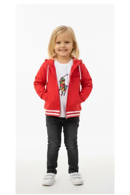 Girls' Hooded Zippered Coral Red Basic Long-Sleeved Pocket Cardigan - 2