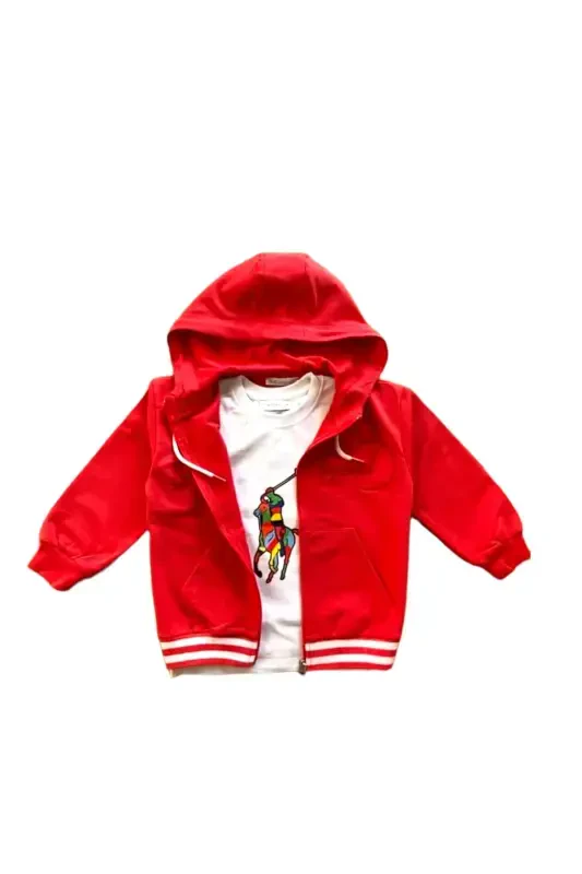 Girls' Hooded Zippered Coral Red Basic Long-Sleeved Pocket Cardigan - 3