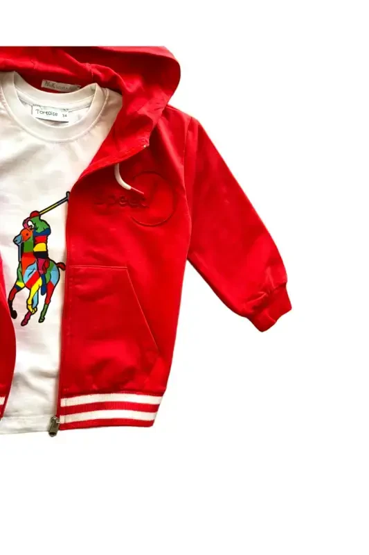 Girls' Hooded Zippered Coral Red Basic Long-Sleeved Pocket Cardigan - 4