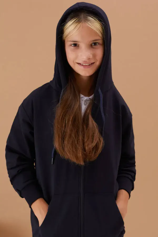 Girls' Hooded Zippered Navy School Jacket 16192 - 6