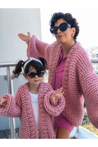 Girls' Knitted Oversized Jacket Baby Cardigan Pink Coat - Pink - 7