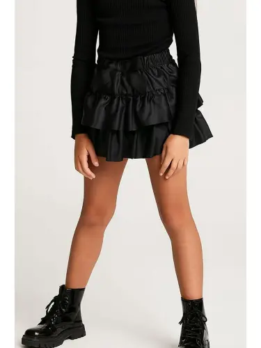 Girl's Leather Skirt Tiered Bow Black (5-10 Years)-Black - 1