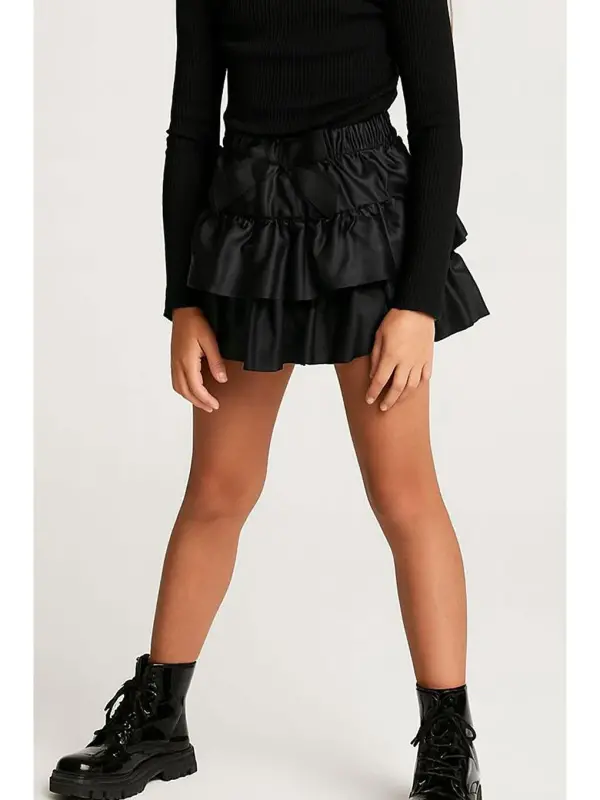 Girl's Leather Skirt Tiered Bow Black (5-10 Years)-Black - LC WAIKIKI