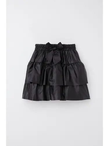 Girl's Leather Skirt Tiered Bow Black (5-10 Years)-Black - LC WAIKIKI (1)
