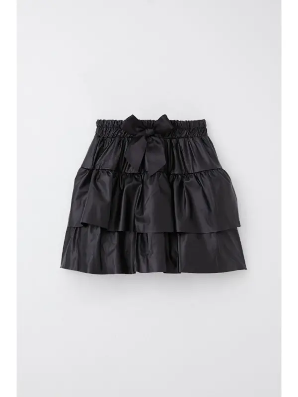 Girl's Leather Skirt Tiered Bow Black (5-10 Years)-Black - 2