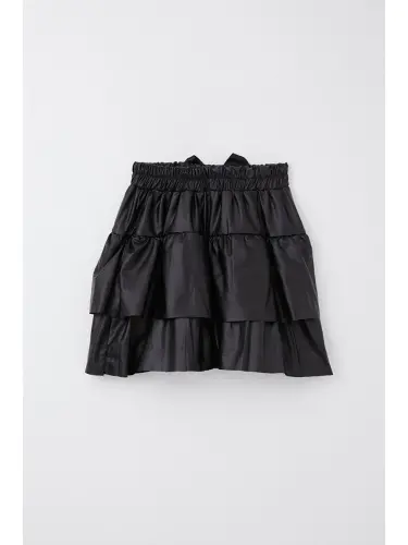 Girl's Leather Skirt Tiered Bow Black (5-10 Years)-Black - 3