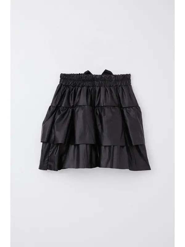 Girl's Leather Skirt Tiered Bow Black (5-10 Years)-Black - 3