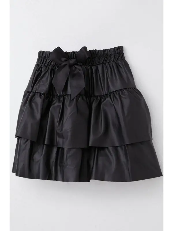 Girl's Leather Skirt Tiered Bow Black (5-10 Years)-Black - 4