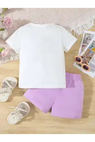 Girl's Lila Butterfly Shorts-T-shirt Printed Set - LOUİSA (1)