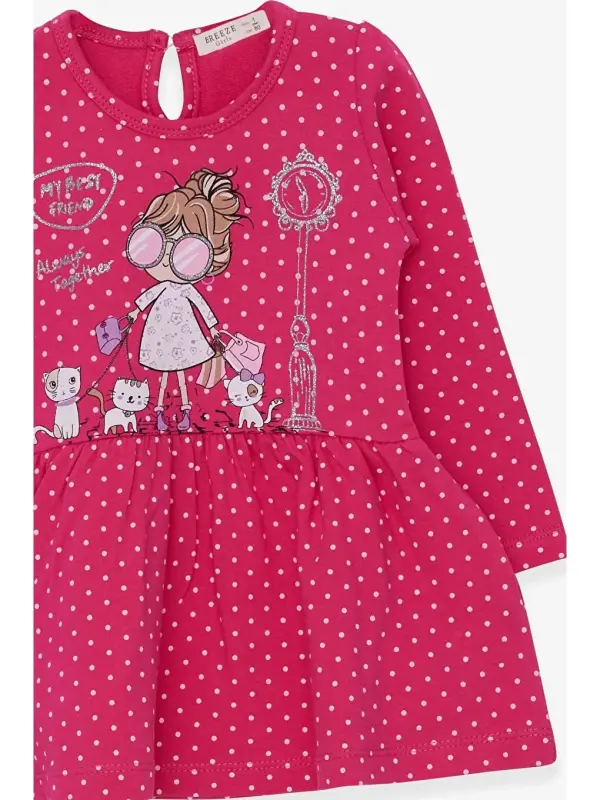 Girl's Long Sleeve Dress Girl with Glitter Glasses Print Pink (1-4 Years)-Pink - 3