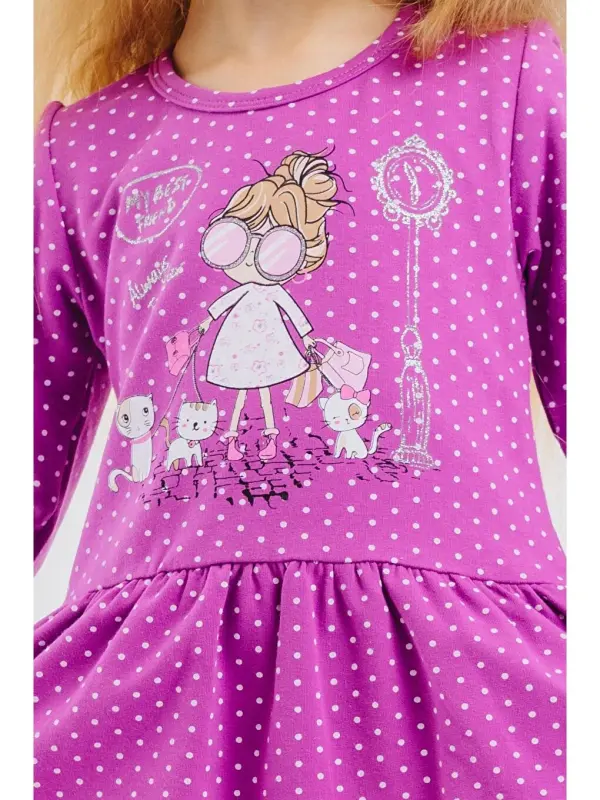 Girl's Long Sleeve Dress Girl with Glitter Glasses Print Purple (1-3 Years)-Purple - 7
