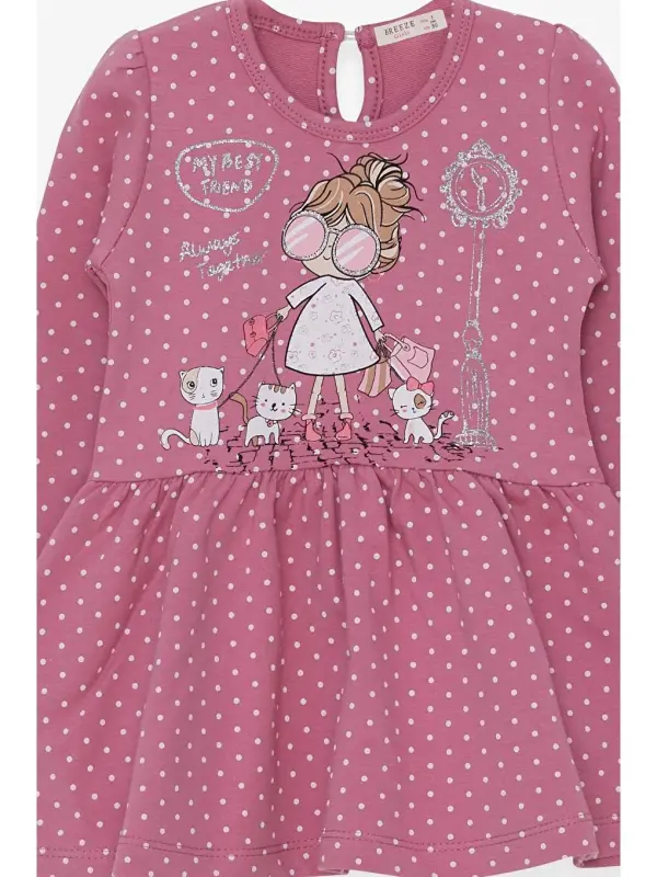 Girl's Long Sleeve Dress Girl with Glitter Glasses Print Rose (1-4 Years)-Pink - 3