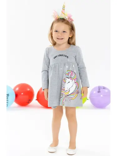 Girl's Long Sleeve Dress Gray Melange (2-3 Years Old)-Gray - 1