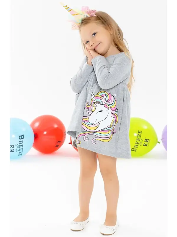 Girl's Long Sleeve Dress Gray Melange (2-3 Years Old)-Gray - 2