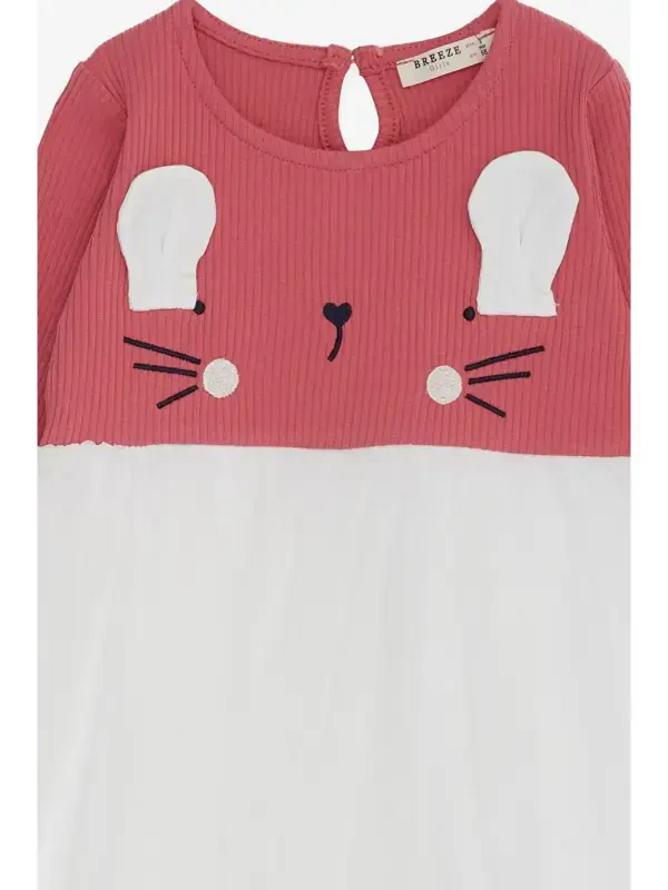 Girls' Long Sleeve Dress Kitten Embroidered Brick (1.5-3 Years)-Brown - 3