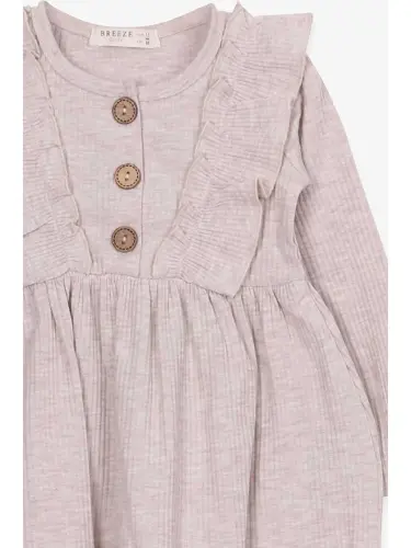 Girl's Long Sleeve Dress Ruffled Button Detailed Beige Melange (1.5-5 Years)-Beige - 3