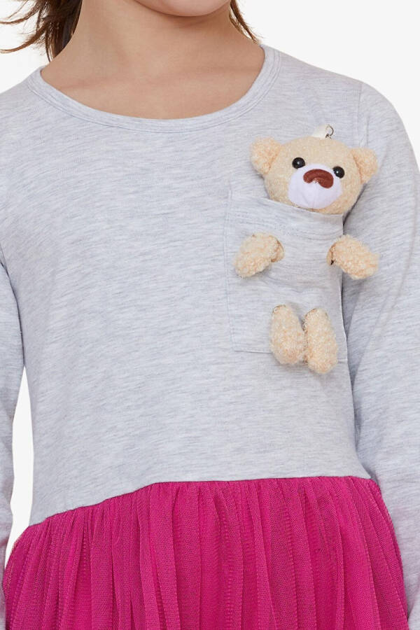 Girls Long Sleeve Dress with Bear Accessory Light Grey Melange (3-4 Years) - 12