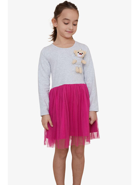 Girls Long Sleeve Dress with Bear Accessory Light Grey Melange (3-4 Years) - LC WAIKIKI