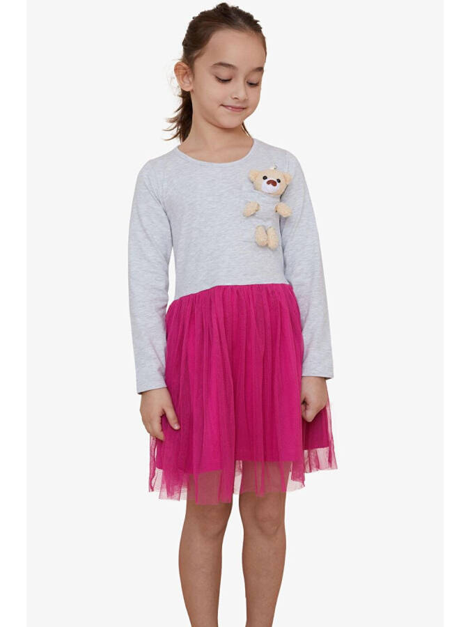Girls Long Sleeve Dress with Bear Accessory Light Grey Melange (3-4 Years) - 1