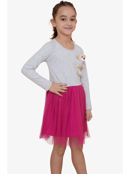 Girls Long Sleeve Dress with Bear Accessory Light Grey Melange (3-4 Years) - LC WAIKIKI (1)