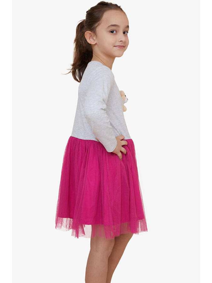 Girls Long Sleeve Dress with Bear Accessory Light Grey Melange (3-4 Years) - 3