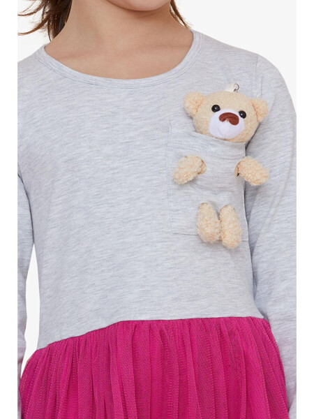 Girls Long Sleeve Dress with Bear Accessory Light Grey Melange (3-4 Years) - 4