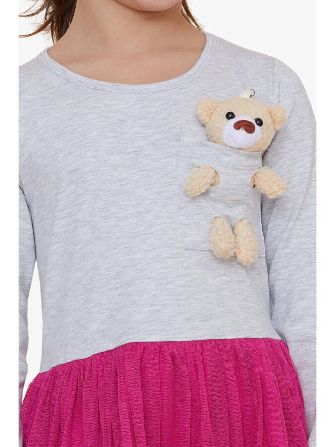 Girls Long Sleeve Dress with Bear Accessory Light Grey Melange (3-4 Years) - 4