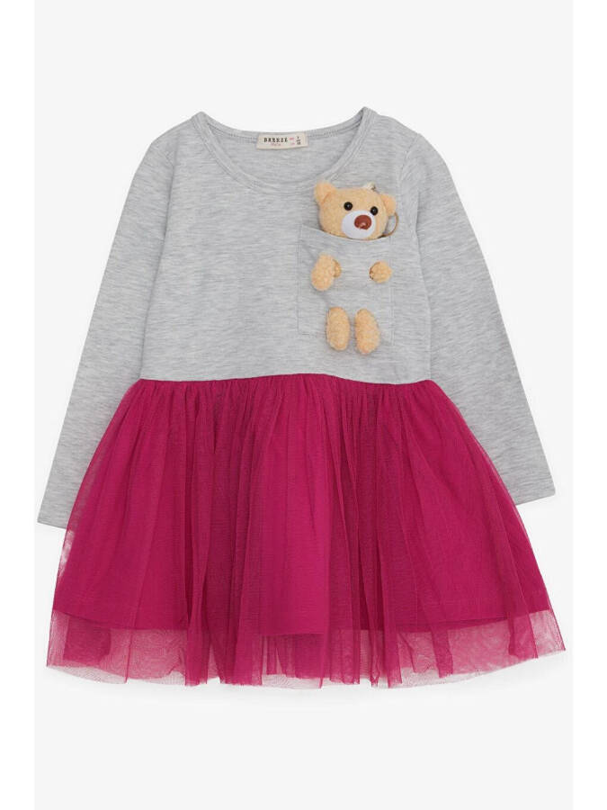 Girls Long Sleeve Dress with Bear Accessory Light Grey Melange (3-4 Years) - 5