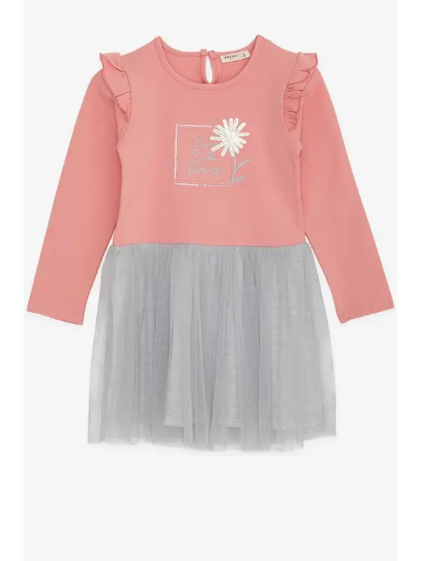 Girl's Long Sleeve Dress with Sequined Floral Print in Rose (3-4 Years)-Pink - LC WAIKIKI
