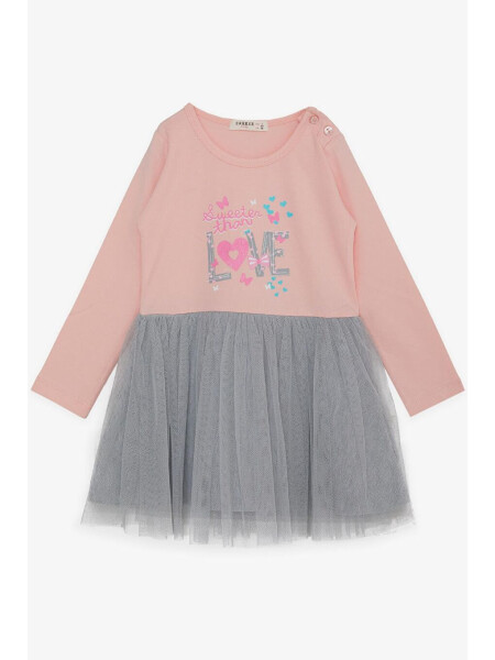 Girls' Long Sleeve Dress with Tulle, Printed, Powder (1.5-5 Years) - 1