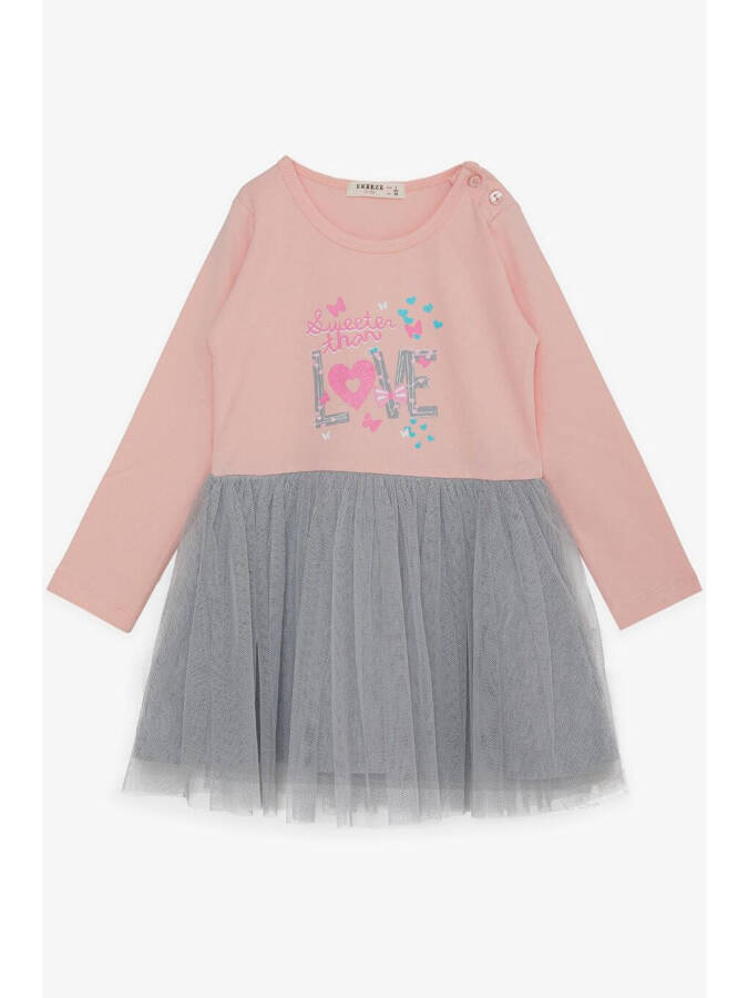 Girls' Long Sleeve Dress with Tulle, Printed, Powder (1.5-5 Years) - 1