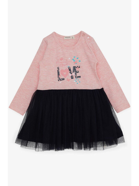 Girls' Long Sleeve Dress with Tulle, Printed Summer Text, Salmon Melange (1.5-5 Years) - LC WAIKIKI