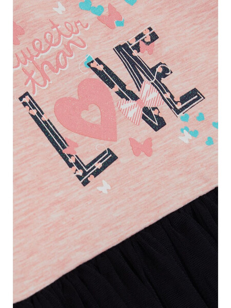 Girls' Long Sleeve Dress with Tulle, Printed Summer Text, Salmon Melange (1.5-5 Years) - 4