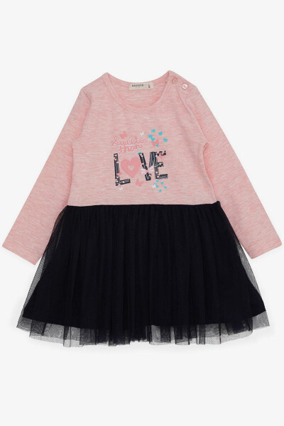 Girls' Long Sleeve Dress with Tulle, Printed Summer Text, Salmon Melange (1.5-5 Years) - 5