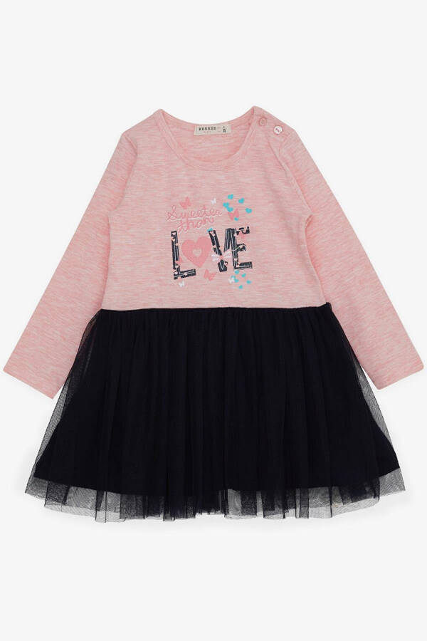 Girls' Long Sleeve Dress with Tulle, Printed Summer Text, Salmon Melange (1.5-5 Years) - 5