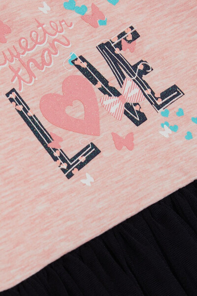 Girls' Long Sleeve Dress with Tulle, Printed Summer Text, Salmon Melange (1.5-5 Years) - 8