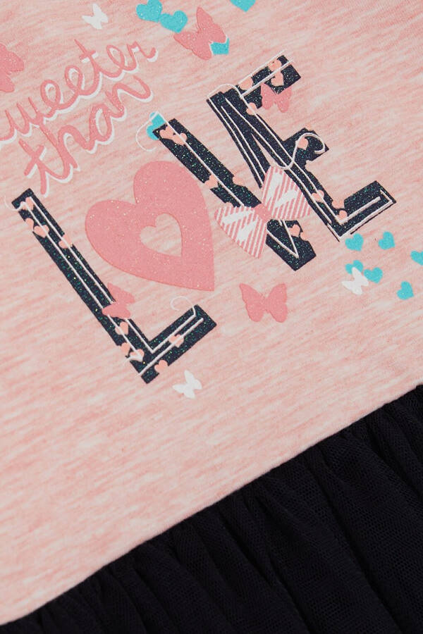 Girls' Long Sleeve Dress with Tulle, Printed Summer Text, Salmon Melange (1.5-5 Years) - 8