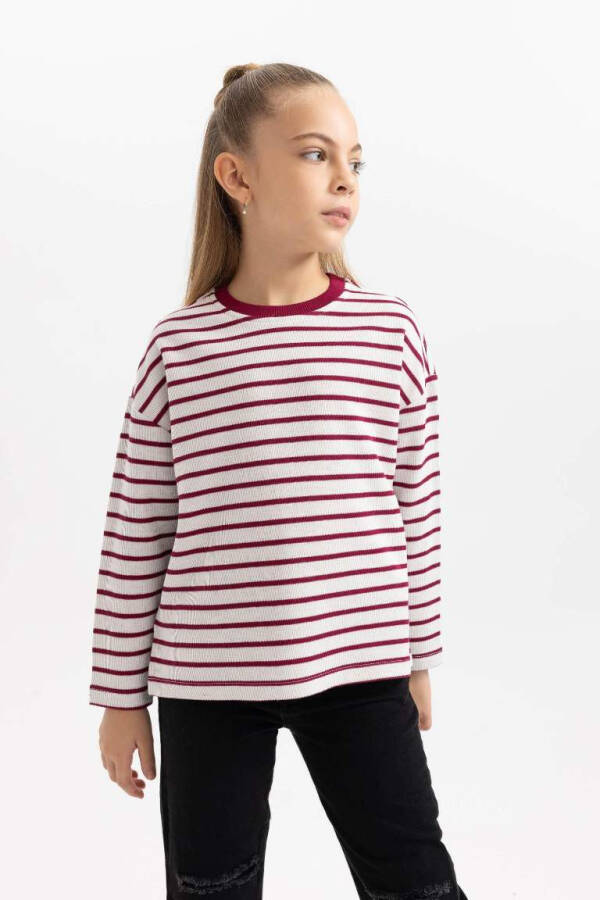 Girl's Loose Fit Striped Cycling Collar Sweatshirt Ecru - 1