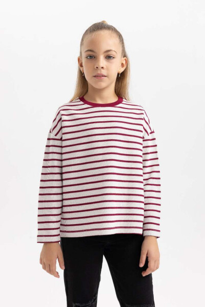 Girl's Loose Fit Striped Cycling Collar Sweatshirt Ecru - 3