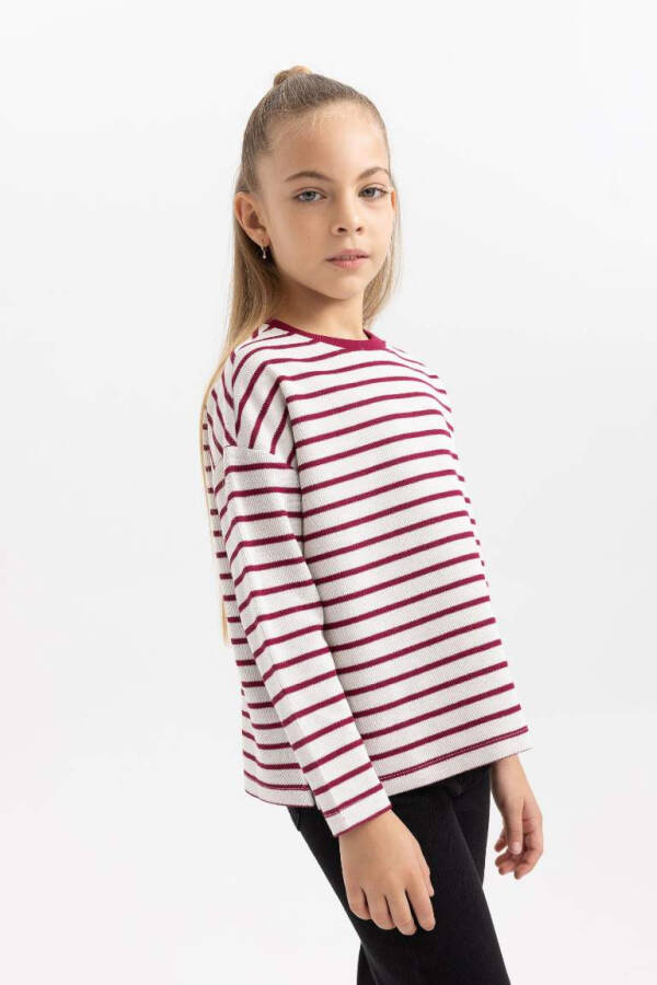 Girl's Loose Fit Striped Cycling Collar Sweatshirt Ecru - 4