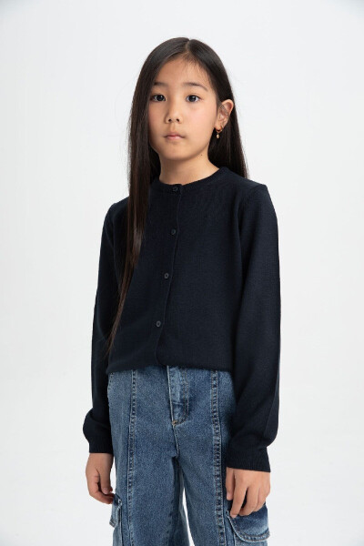 Girls' Navy Blue School Cardigan with Buttoned Polo Collar N8407A624AU - 1