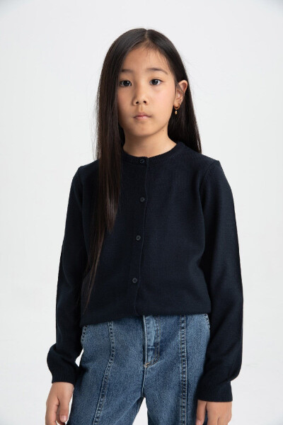 Girls' Navy Blue School Cardigan with Buttoned Polo Collar N8407A624AU - 3