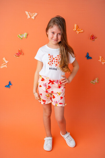 Girls' Orange Heart Print Ruffled Heart Comfortable Shorts 9 Months - 8 Years - 1