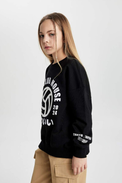 Girl's Oversize Loose Fit Crewneck Printed Sweatshirt Black - 4