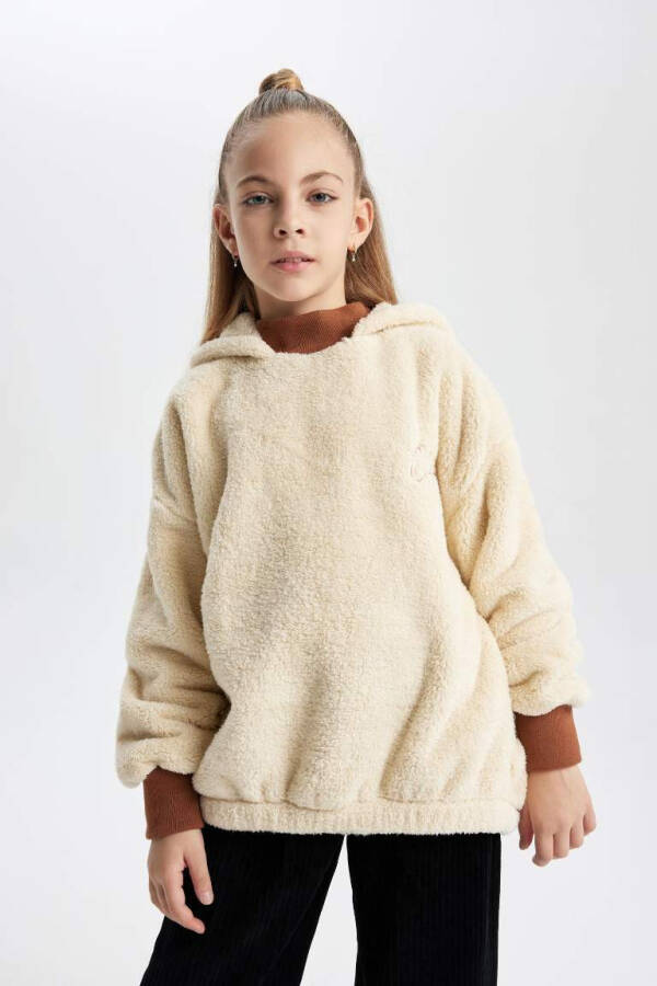 Girl's Oversize Loose Hooded Plush Sweatshirt Sand - 6